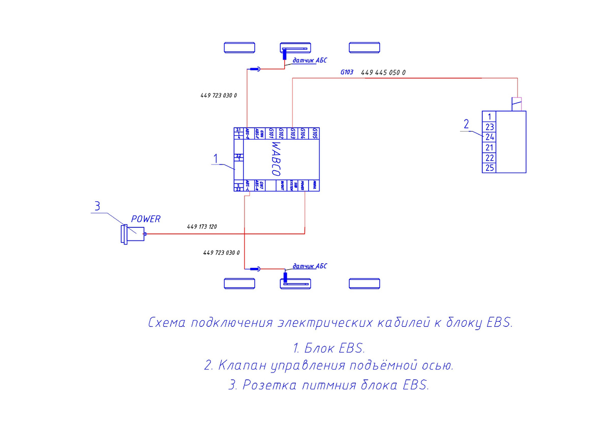 Схема электрическая с EBS трехосной с подьемной осью 2S/2M