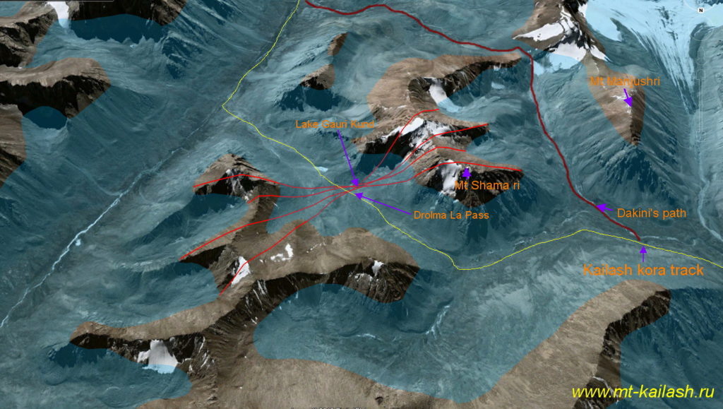 Спутниковое изображение территории у перевала Дролма Ла на маршруте внешней коры Кайласа. Синий фон – горизонтальный срез на высоте 5 700 м