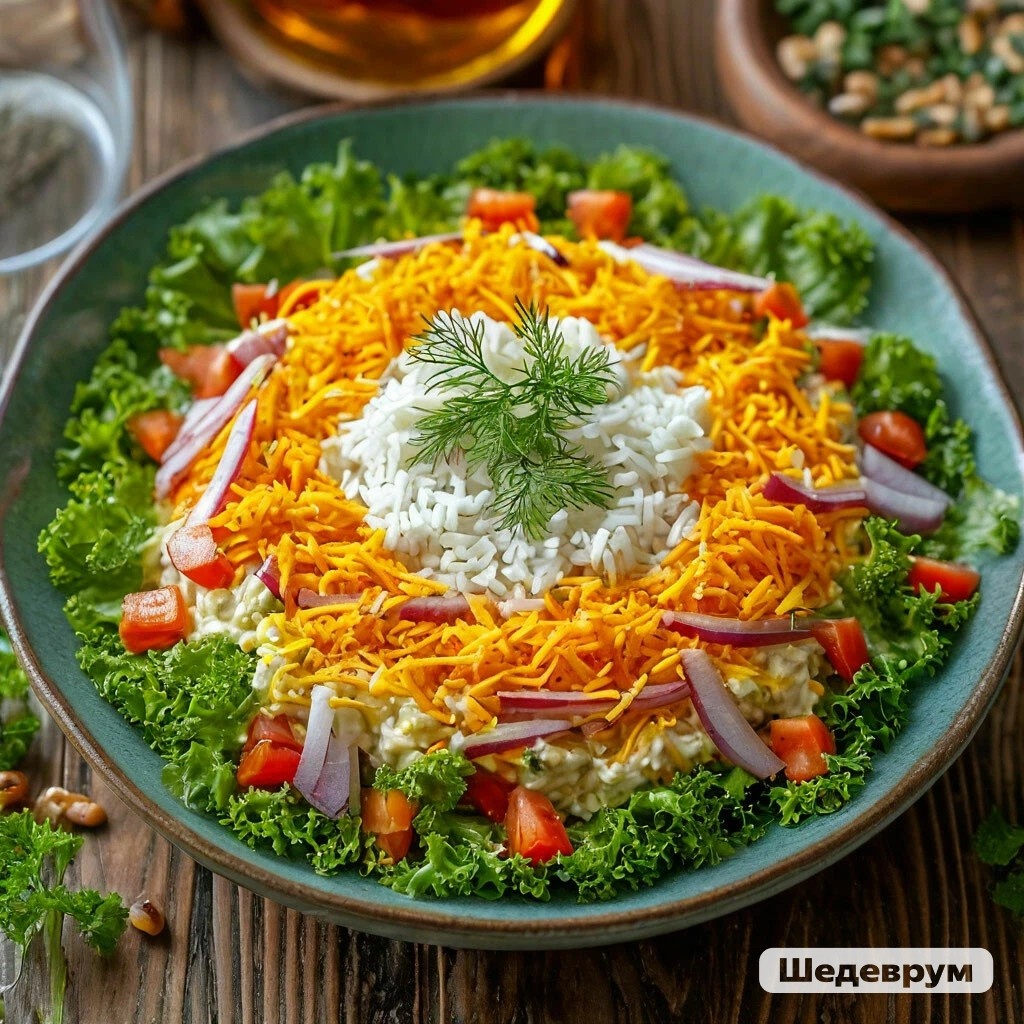 Салат не фографировала, таким его видит нейросеть. Ну можно взять на заметку украшение.