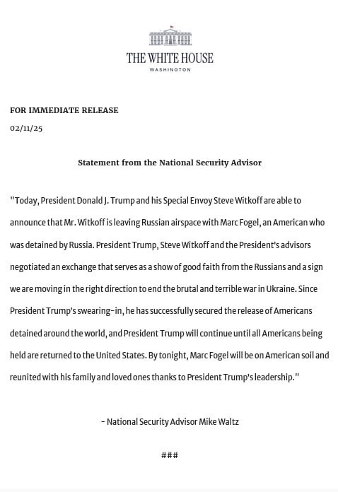    Говоря о возвращении Фогеля в США, Белый дом использовал термин "обмен", но не уточнил, на кого или на что