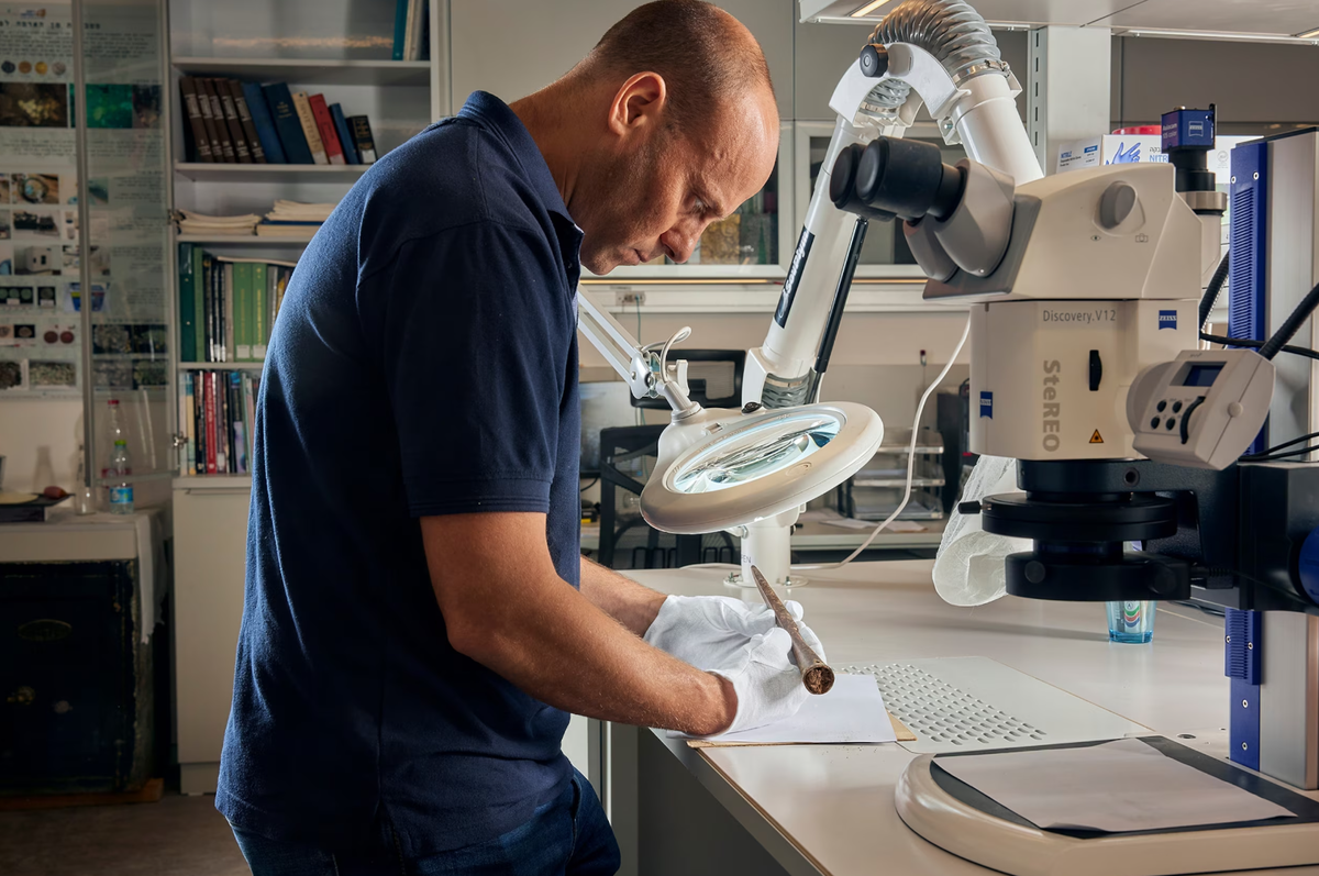 Эйтан Кляйн, директор Проекта по исследованию Иудейской пустыни Управления древностей Израиля и заместитель директора Отдела по предотвращению разграбления древностей, осматривает железную головку пилума (копья), найденную в пещере к юго-востоку от Иерусалима.