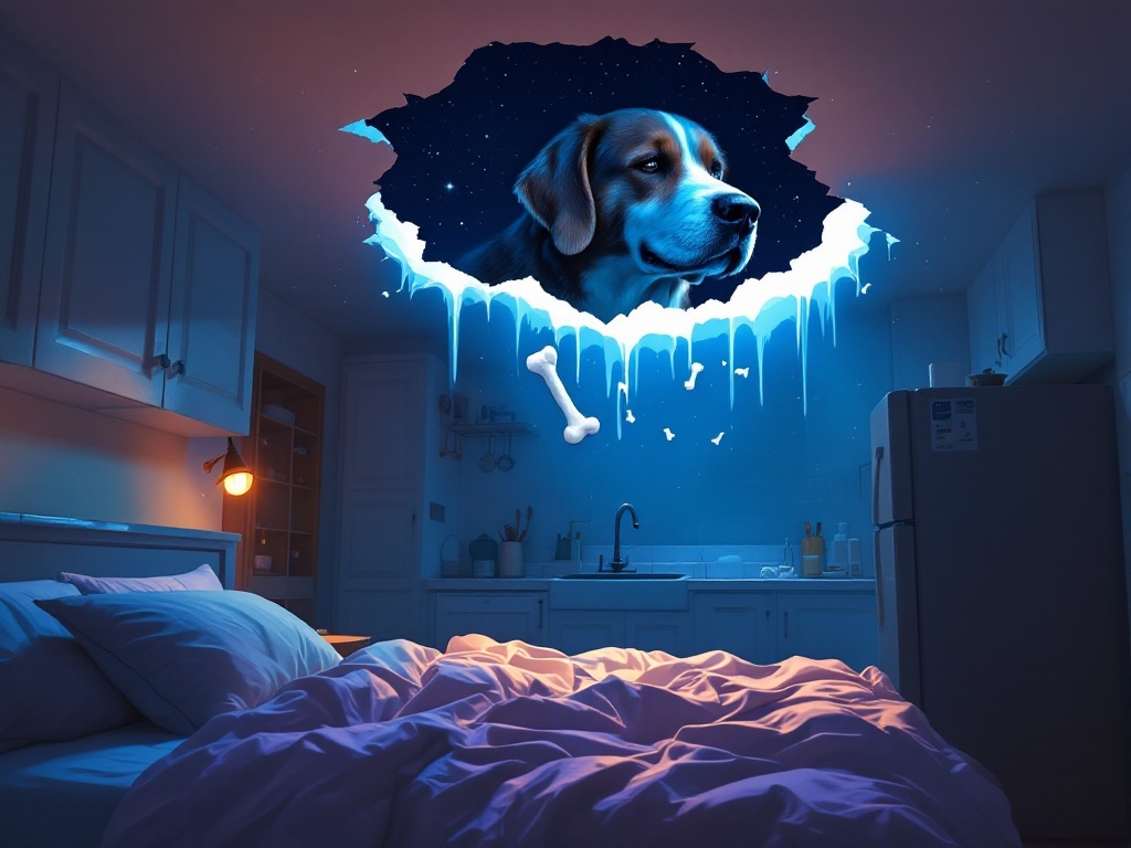    К чему такое снится: На картине изображена кухня с видимой дырой в натяжном потолке над раковиной, из которой видно падение большой белой кости. На фоне голова огромной собаки виднеется