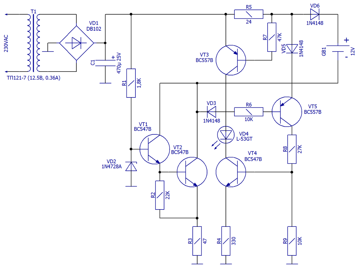 Схема электрическая принципиальная устройства сохранения заряда АКБ