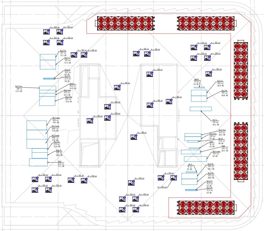 Пример задания конструкторам по кровле с расстановкой драйкулеров, вентустановок и вентиляторов противодымной вентиляции