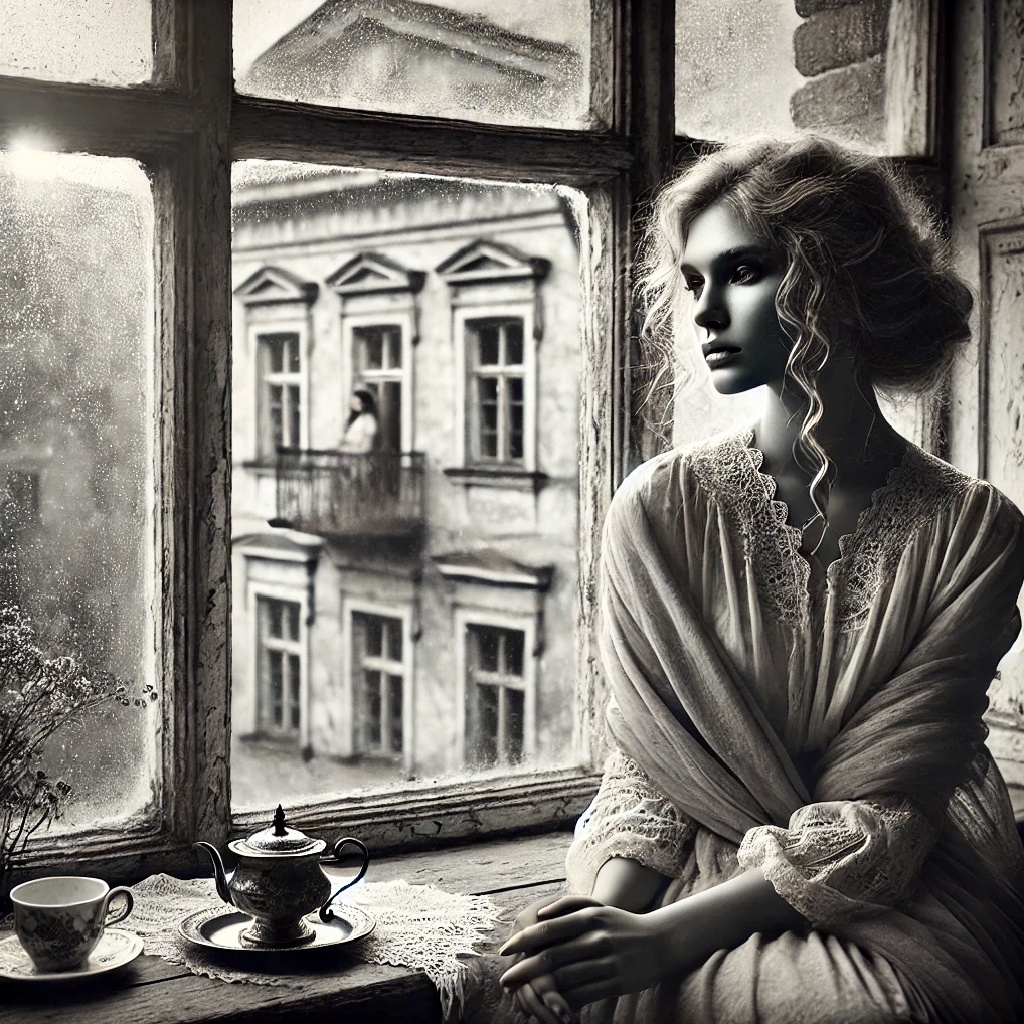 Княжна Марья — задумчивая, мечтающая, а батя на фоне с суровым видом.