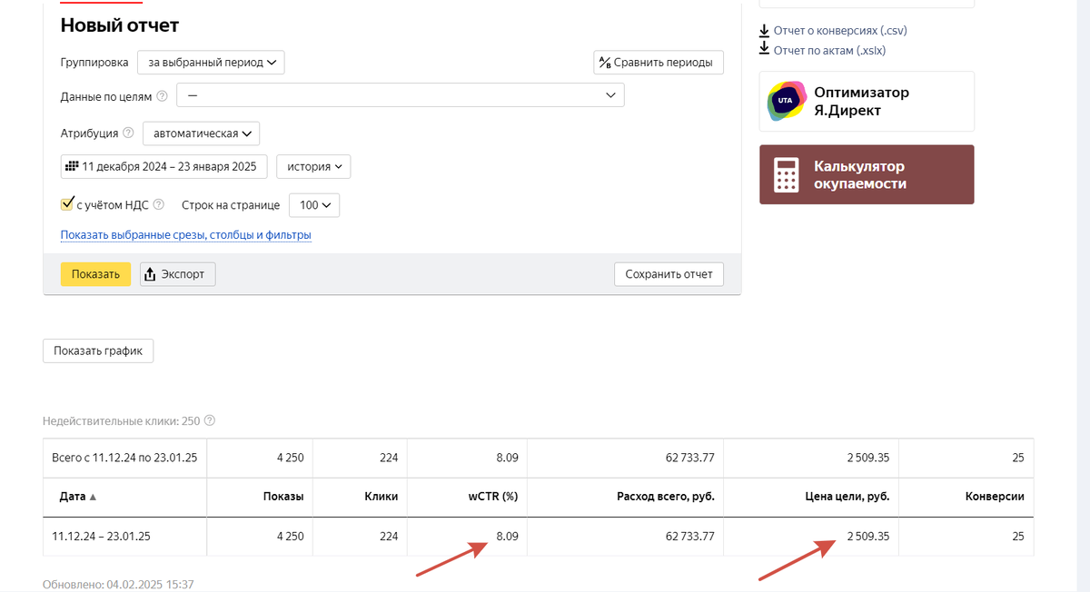 Показатели 1-ого месяца без внедрения автотаргета и работы только на ключевых фразах с 11.12.24 - 23.01.25.