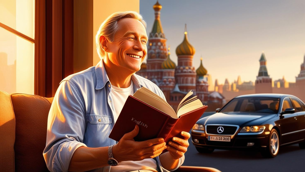 A lucky person is studying English in Moscow, and a German car is present.