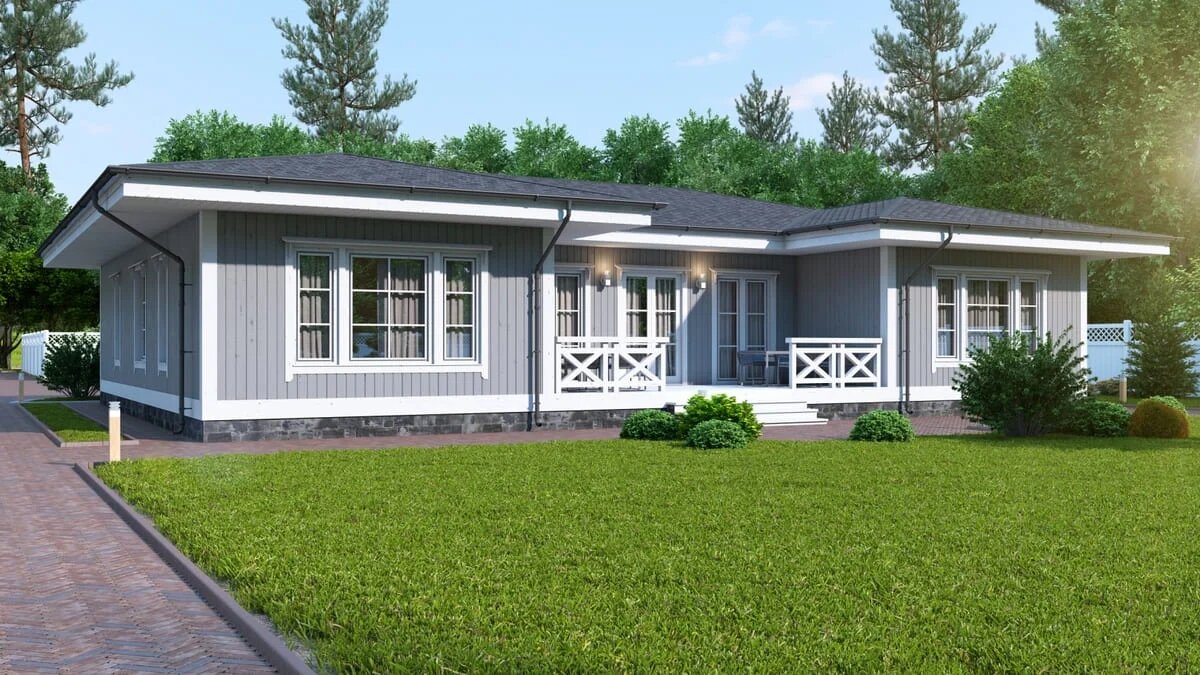 Внешний фасад одноэтажного деревянного дома "Честер" от NATURI