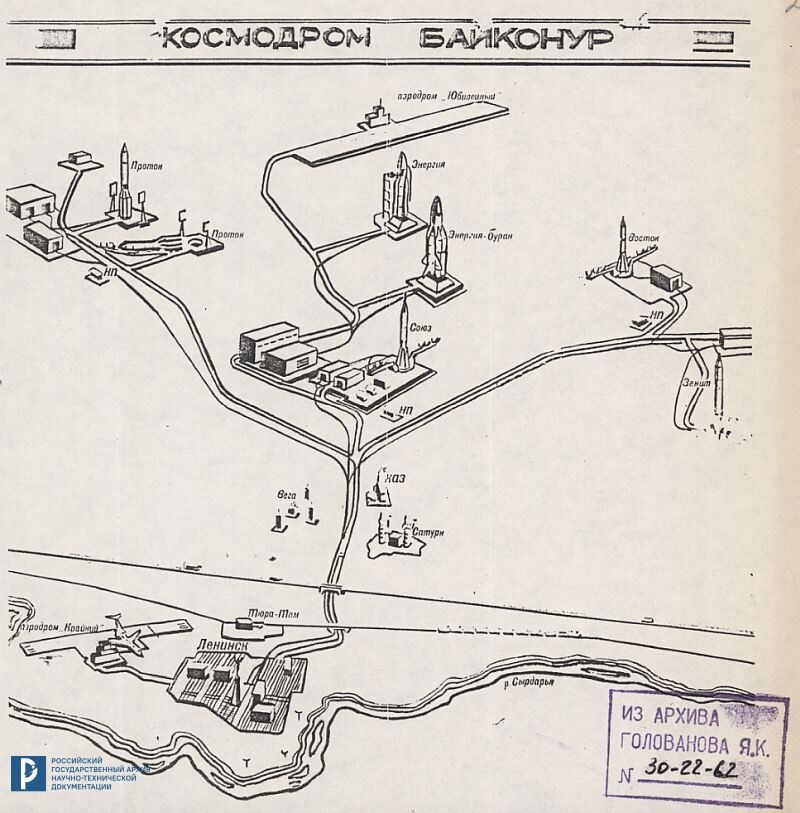 Схема космодрома Байконур. [1990-е гг.]. РГАНТД. Ф. 211. Оп. 6. Д. 255. Л. 24.