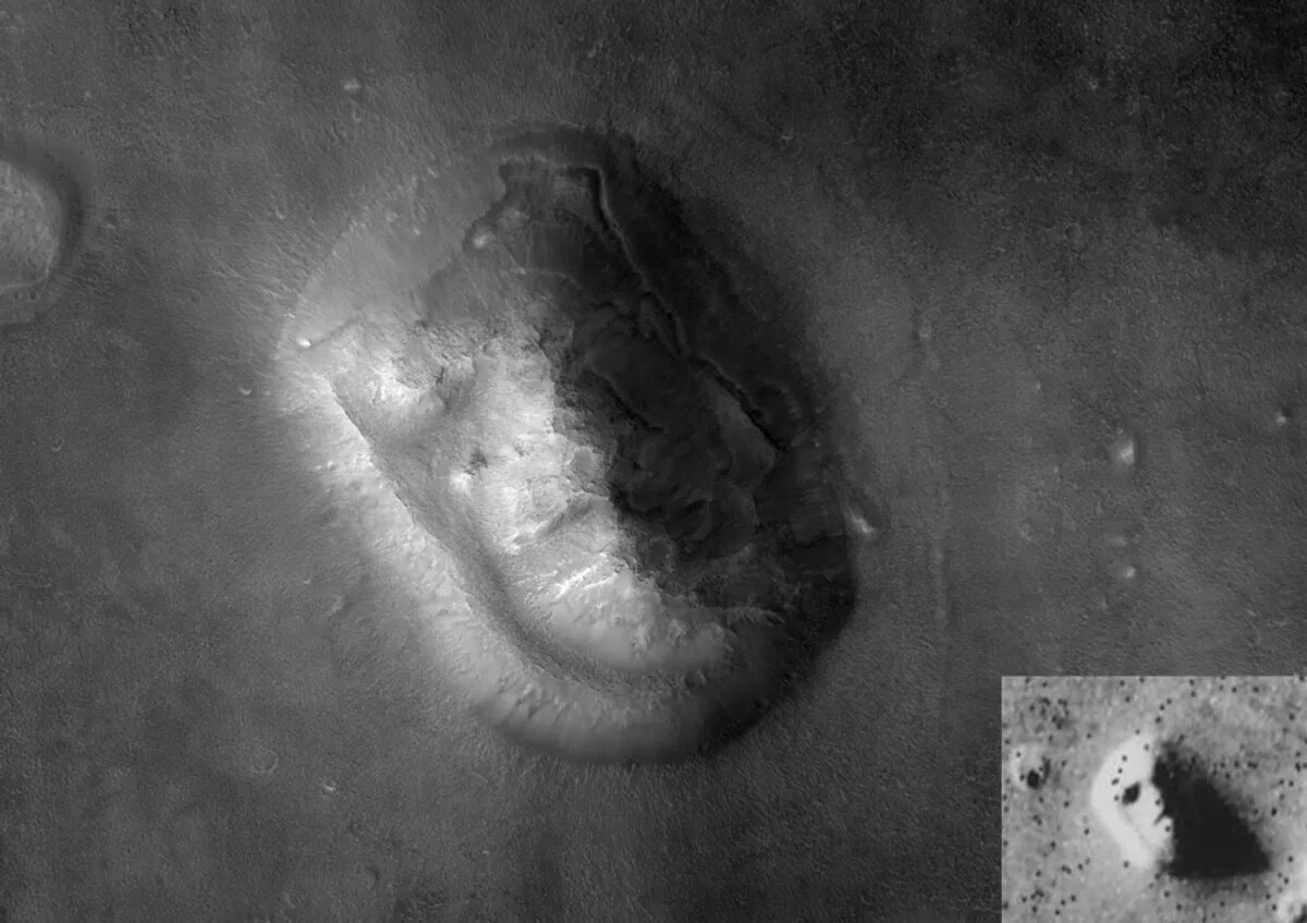 Размытая столовая гора (меса), запечатлённая камерой HiRISE, в сравнении с фотографией, сделанной аппаратом "Викинг-1" (снимок в правом нижнем углу)