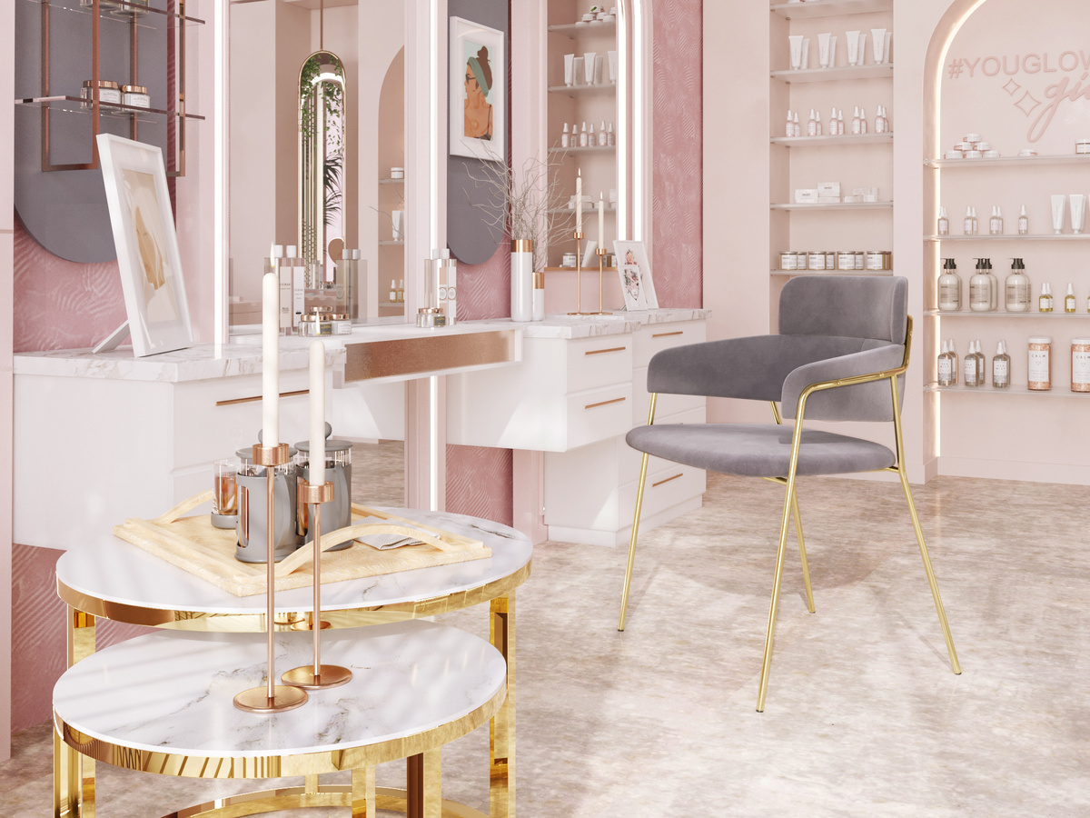 Стул Полин светло-серый, Пуф Миранда с ящиком велюр розовый, Набор журнальных столиков Селена 60 и 45 см стекло белый мрамор сталь золото