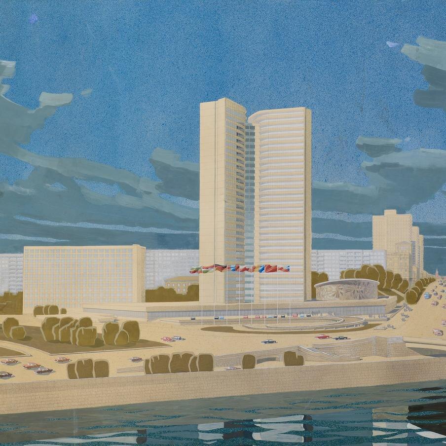 М.В. Посохин, А.А. Мндоянц. Проект здания Совета экономической взаимопомощи. Перспектива со стороны Москвы-реки, 1960-е гг. Из собрания Музея архитектуры им. А.В. Щусева. Пресс-служба Музея архитектуры им. А.В. Щусева