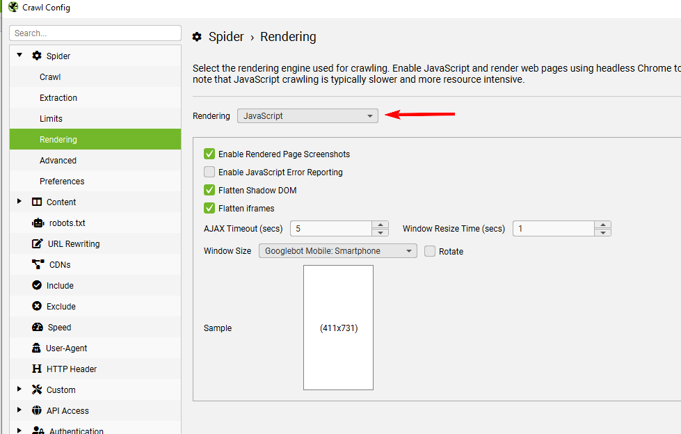 Переходим в Configuration → Spider → Rendering