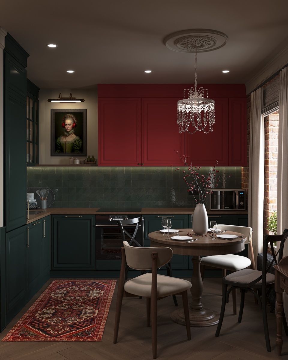 Первый вариант дизайна кухни-столовой. Вид на окно и столовую зону. Еще больше фото у меня в телегарм.