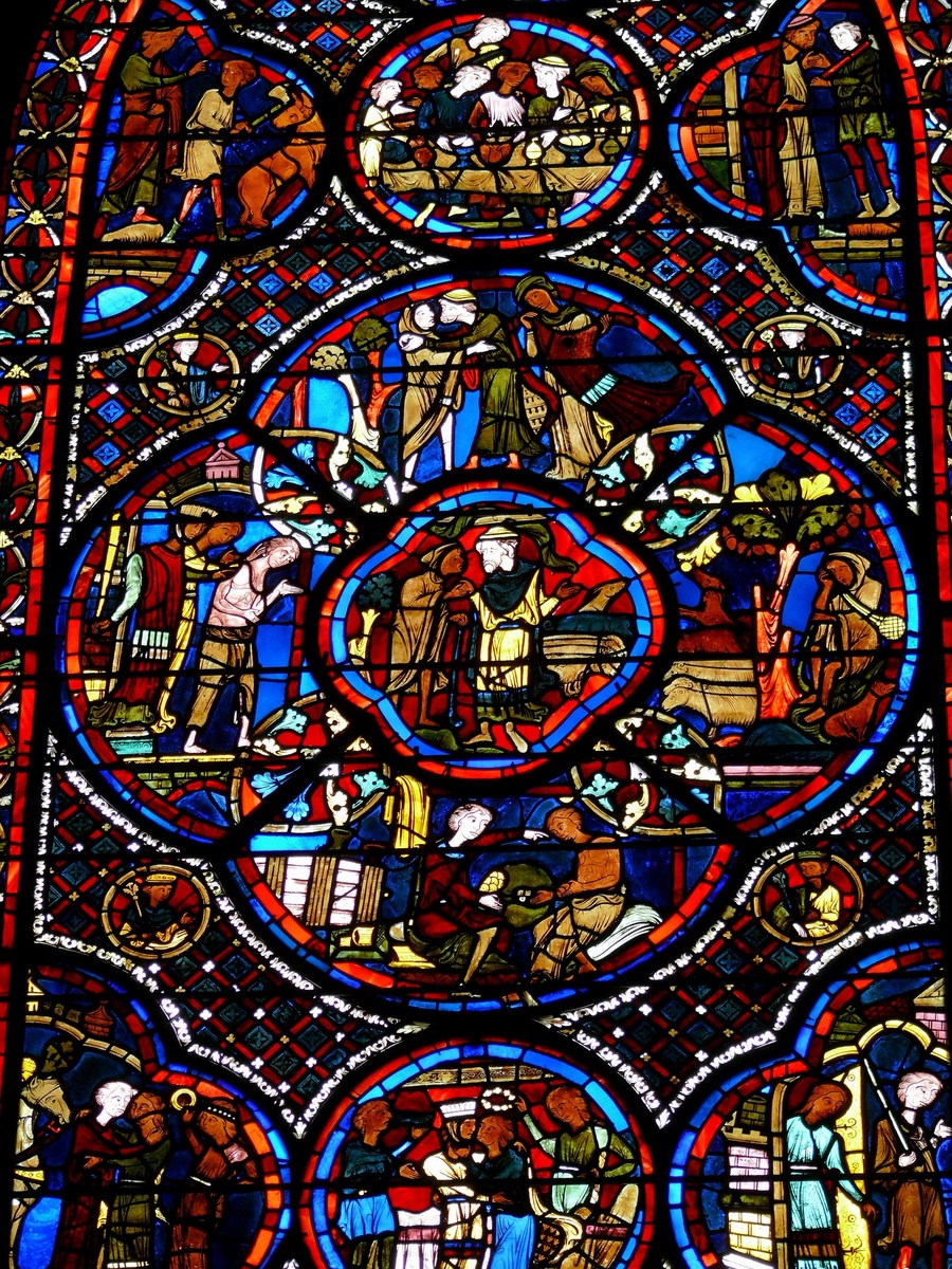 Притча о блудном сыне с витража собора Сен-Этьен в Бурже, ок. 1210 г. Франция. 