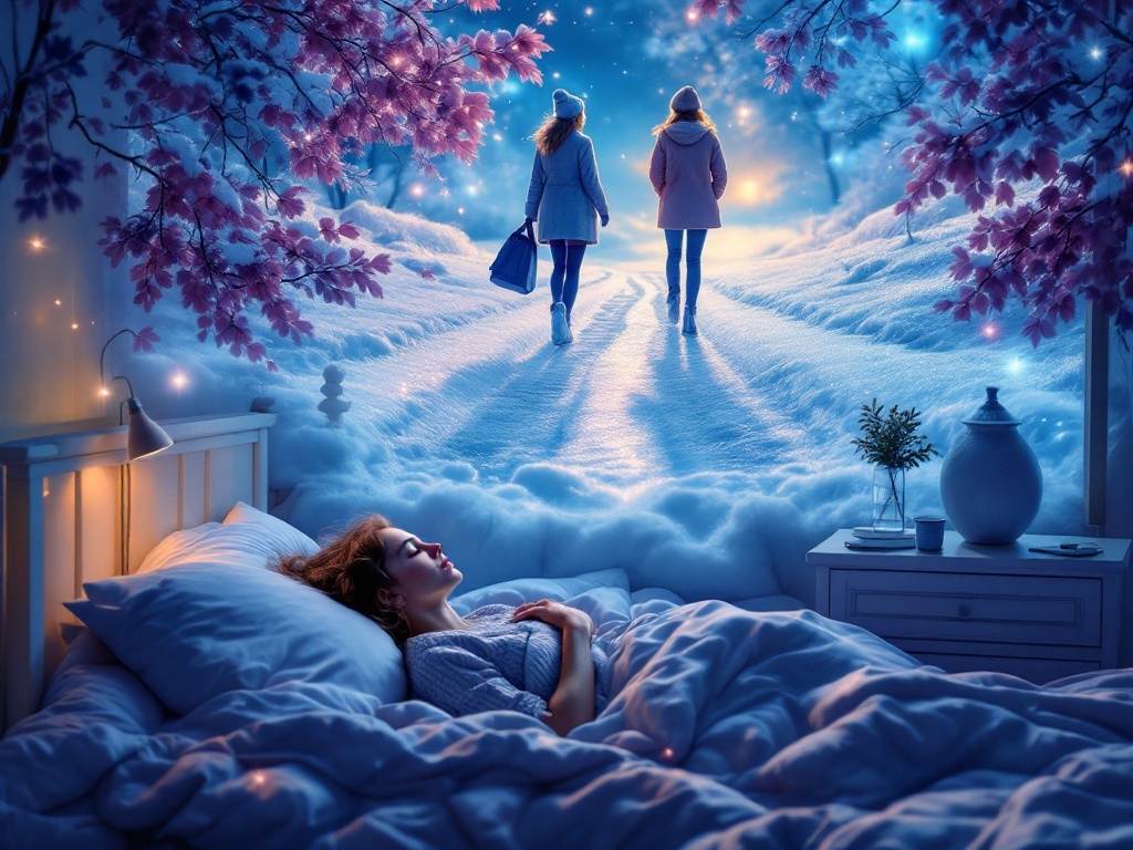    К чему такое снится: На картине изображена зимняя сцена: две женщины гуляют по заиндевевшему парку, оставив сзади следы на сверкающем льду. Одна из них, выглядящая заметно озабоченной, ч