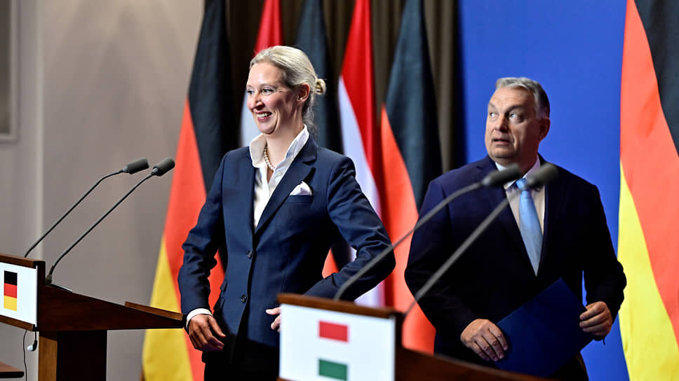 За спинами Алис Вайдель и Виктора Орбана были государственные флаги их стран, что создавало впечатление встречи двух национальных лидеров.📷Фото: Marton Monus / Reuters