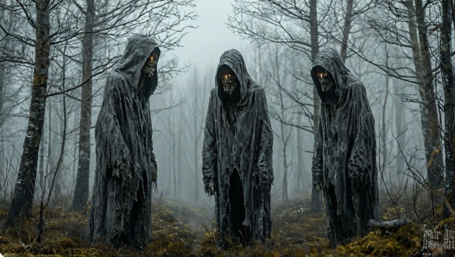 Стоят на опушке — три фигуры в сером. 