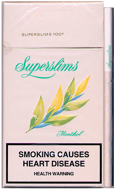 "Superslims" Menthol. Сингапур, 2000 год. 20 штук с фильтром в тонком боксе и в целлофане. Смола 9 мг, никотин 0,7 мг. Производитель: American Cigarette Company (Overseas) Ltd., Германия. Владелец торговой марки: "British American Tobacco".