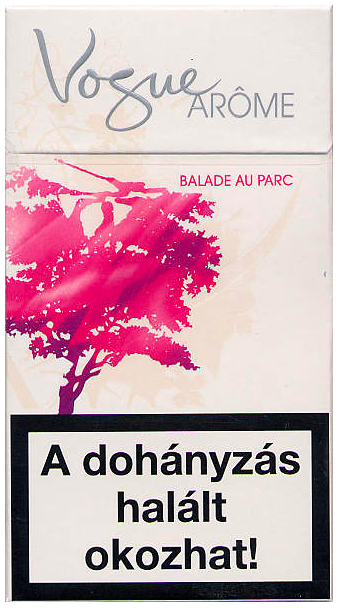 "Vogue" Arome Balade au Parc. Венгрия, 2009 год. 20 штук с фильтром в боксе, обернутом целлофаном. Смола 4 мг, никотин 0,4 мг. Цена (была) 685 форинтов. Производитель: "British American Tobacco", Румыния. Владелец торговой марки: American Cigarette Company (Overseas) Ltd.