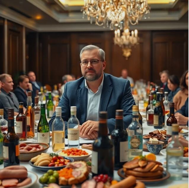 Председатель всегда в тени... Ему незачем светиться....  На переднем плане эспер-анал 2345. И он крайне возмущён и говорит: Ну, не заю...! Здесь же практически ничего есть нельзя...! А лично ему есть и не надо.... Приглядитесь..., он вообще не человек - похоже, какой-то виртуальный образ, вырастающий прямо из стола.