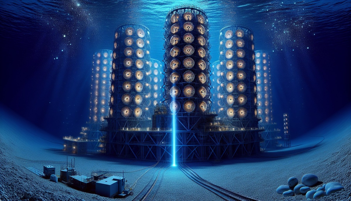 Иллюстрация глубоководного нейтринного телескопа KM3NeT.    
 Источник: нейросеть DALL-E  📷
