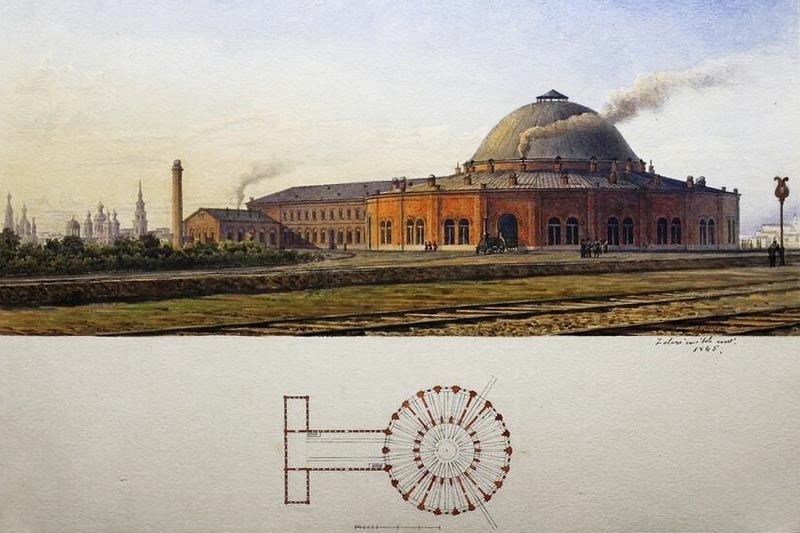 Картина художника А. Х. Кольба 1854 г. в музее железнодорожного транспорта, нарисованная по проекту архитектора Р. А. Желязевича.