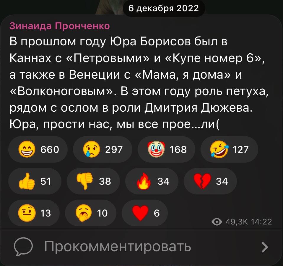 6 декабря 2022 года 660 человек порадовались, как критик предрекла Юре конец международной карьеры, 51 человек тоже испытали согласие с Зинаидой, радость. 