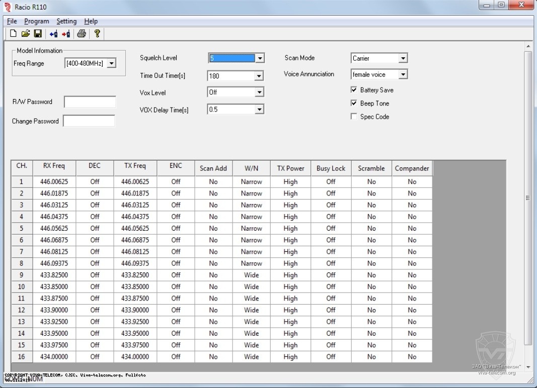 Заводские частоты на радиостанции Racio R-110
