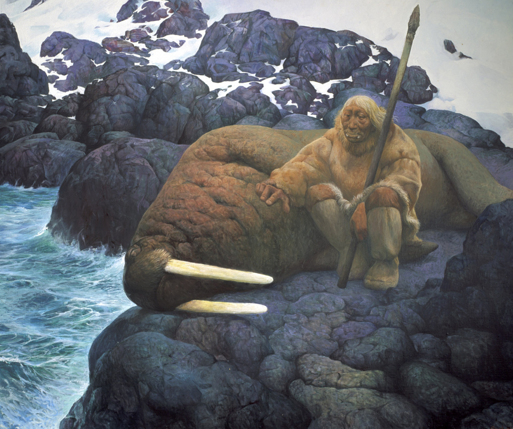 А. Миннекаев «Два моржа». Холст, акрил. 1996. Частная коллекция, Франция. Детали изображения – морщины на лице старого зверобоя, складки кожи на шее моржа, трещины на камнях, морская рябь, – перекликаясь друг с другом, создают целостный образ мира, в котором существуют на равных люди, звери, скалы и море. Победив в тяжёлой борьбе, зверобой не выказывает радость. Положив руку на грудь моржа, он прощается с ним, как с сородичем, и благодарит его за то, что тот позволил убить себя, дабы у людей была пища, шкуры для лодок и жилищ.  