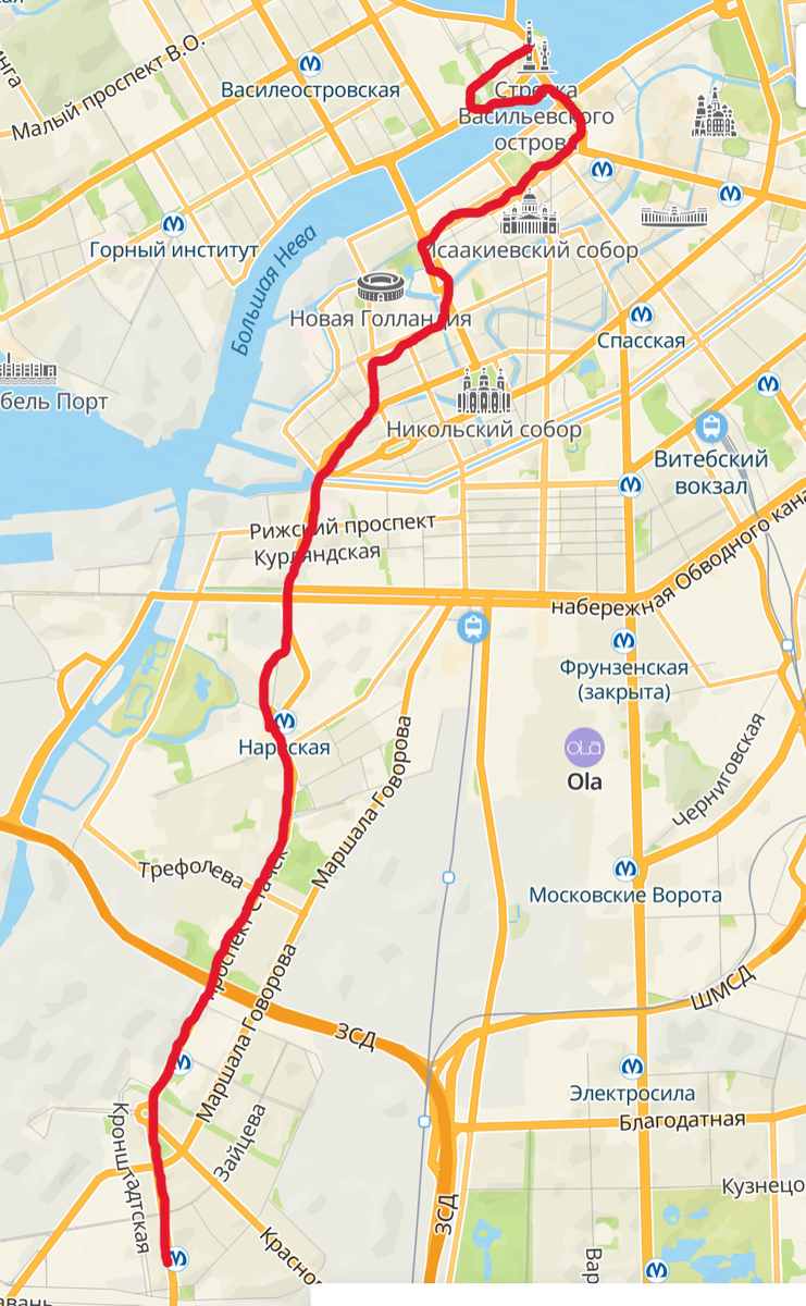 полная схема маршрута от Автово до стрелки