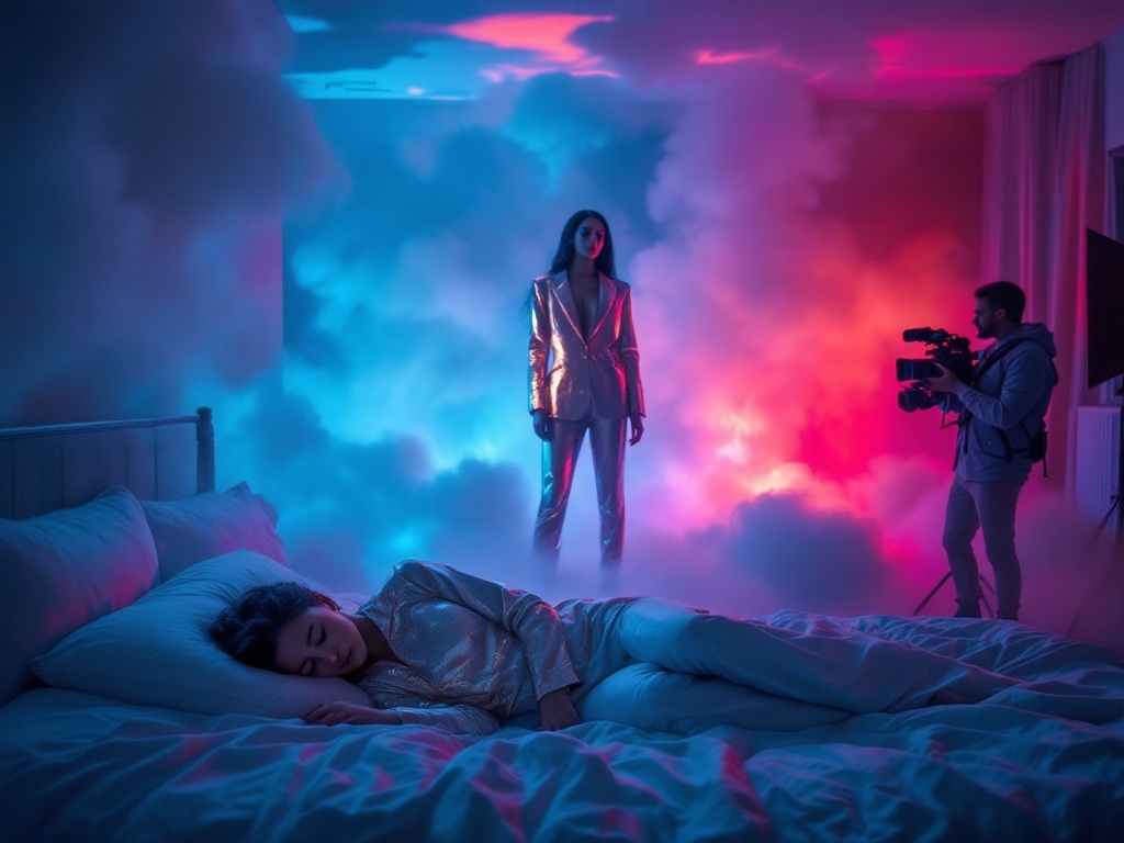    К чему такое снится: В качестве основного элемента картины я бы использовал модель, стоящую в элегантном сияющем серебристом или золотистом брючном костюме, сочетающемся с туфлями в тон.