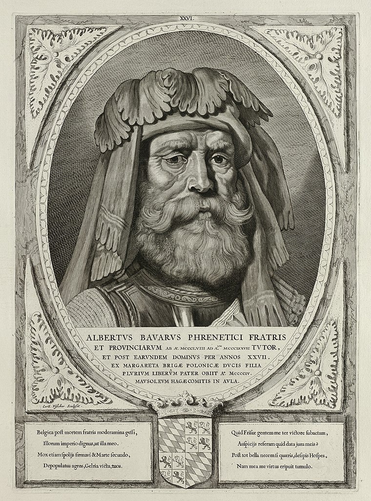 Portret van Albrecht van Beieren, graaf van Holland en Henegouwen. Hij draagt een harnas en een hoofdtooi. De omlijsting is versierd met het wapen van Holland.
Zesentwintigste prent uit een serie van 38 getiteld Principes Hollandiæ, Zelandiæ et Frisiæ, met portretten van de graven en gravinnen van Holland, Zeeland en West-Friesland.
Gravure en ets door Cornelis Visscher (II) met Latijns onderschrift, uitgave toegeschreven aan Pieter Soutman, gesigneerd, middenboven genummerd 'XXVI'.
