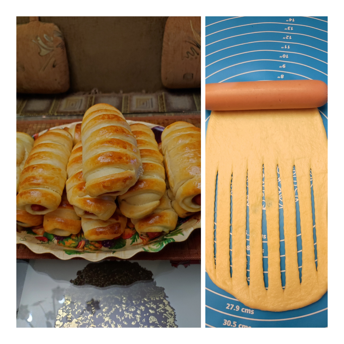 На фото справа- как я разрезаю раскатанное тесто. Потом закручивают. 