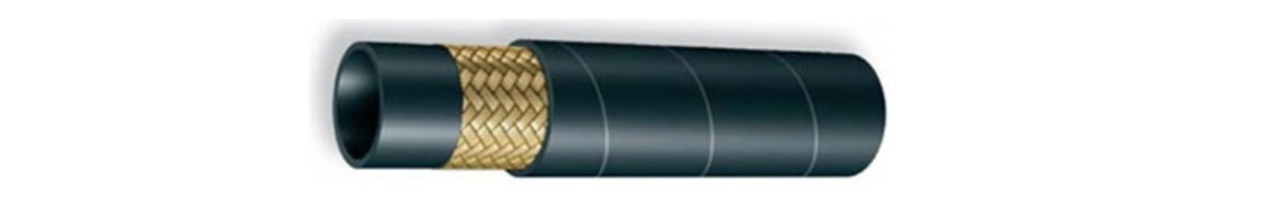 Рукав высокого давления, тип 1SN DIN EN 853. Оплёточная конструкция. Внутренняя трубка из маслостойкой резины. Армирование - 1 слой проволочной стальной оплетки. Верхний слой - покрытие из резины стойкой к истиранию. Диапазон температур от -40°С до +100°С (макс. +120°С)