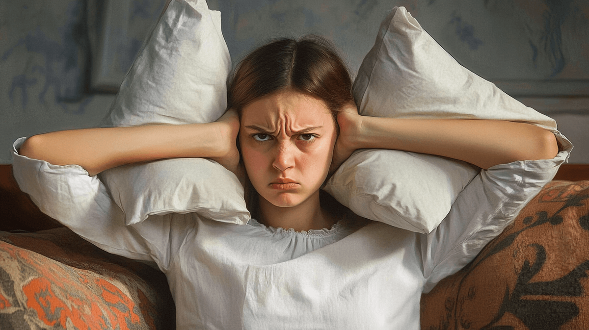 Девушка недовольна шумными соседями. Изображение сгенерировано с помощью нейросети Midjourney