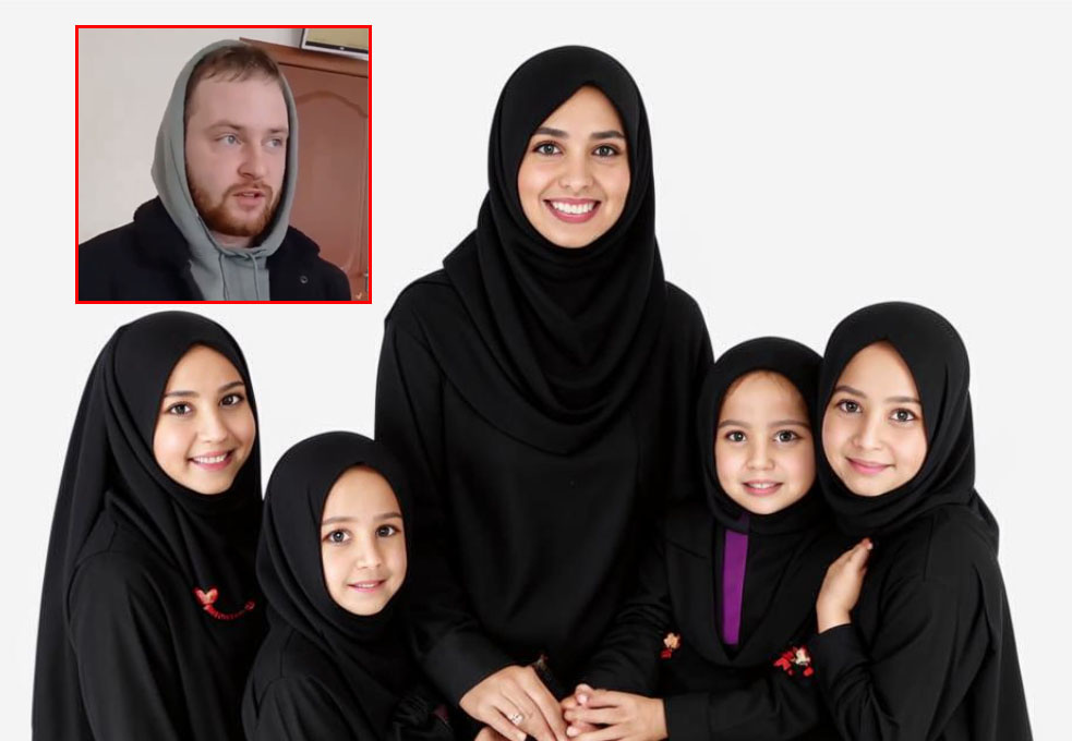 Мавлюдахон с четырьмя дочерьми теперь на попечении русского. Фото: скрин видео; Кандинский (ИИ).