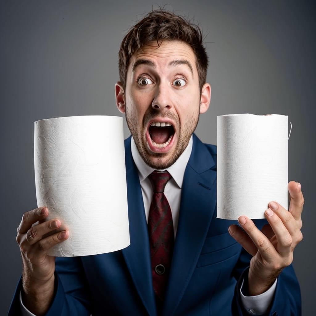 Спасибо, Гигачат. Это портрет незадачливого абитуриента, удивлённо рассматривающего туалетную бумагу. Не слишком точно))
