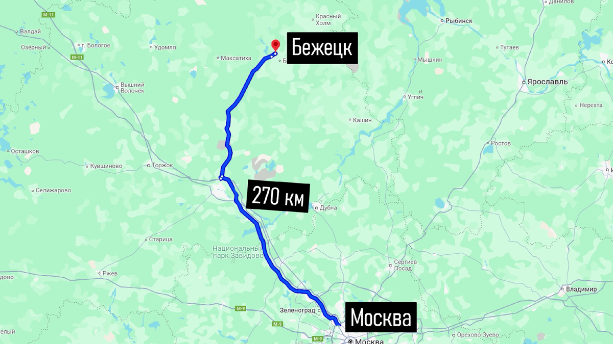 От Москвы до Бежецка 270 км (около 3 часов езды)