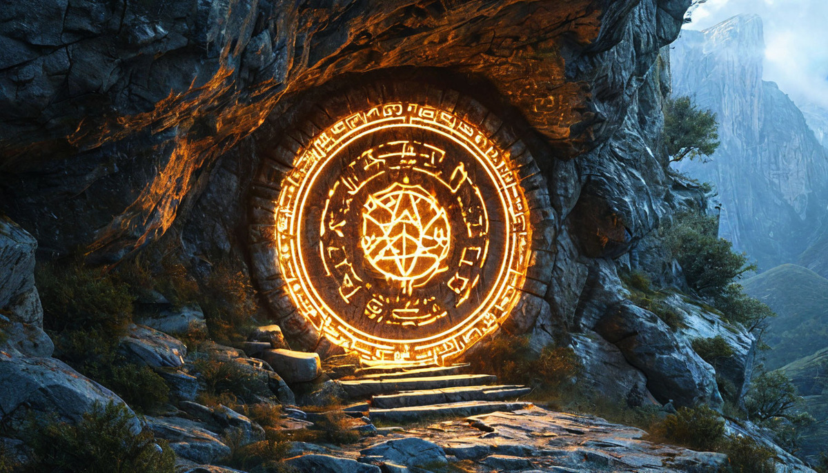 Загадочный вход в пещеру хранителей с светящимися символами