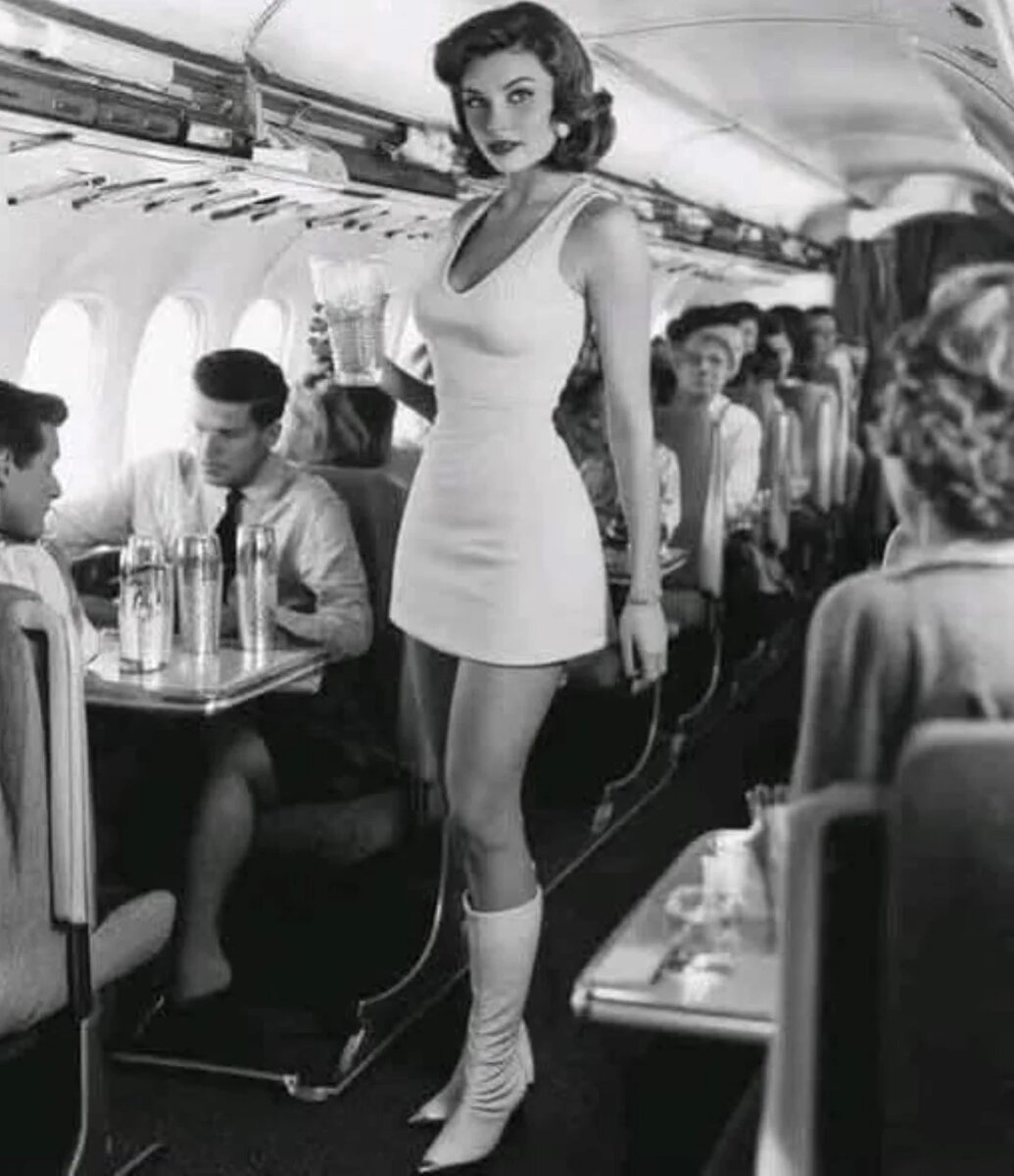 Фотография, которая относится к "Southwest Airlines" и датируется 1972 годом, тут стюардесса будто бы в коктейльном платье