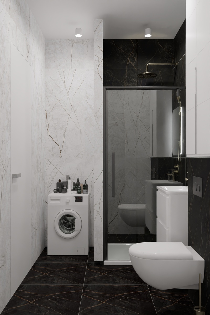 Проект «Дали Керамика»: керамогранит из коллекции «Сандра» от бренда «Идальго», лаппатированная поверхность, чвета «белый» и «черно-оливковый»