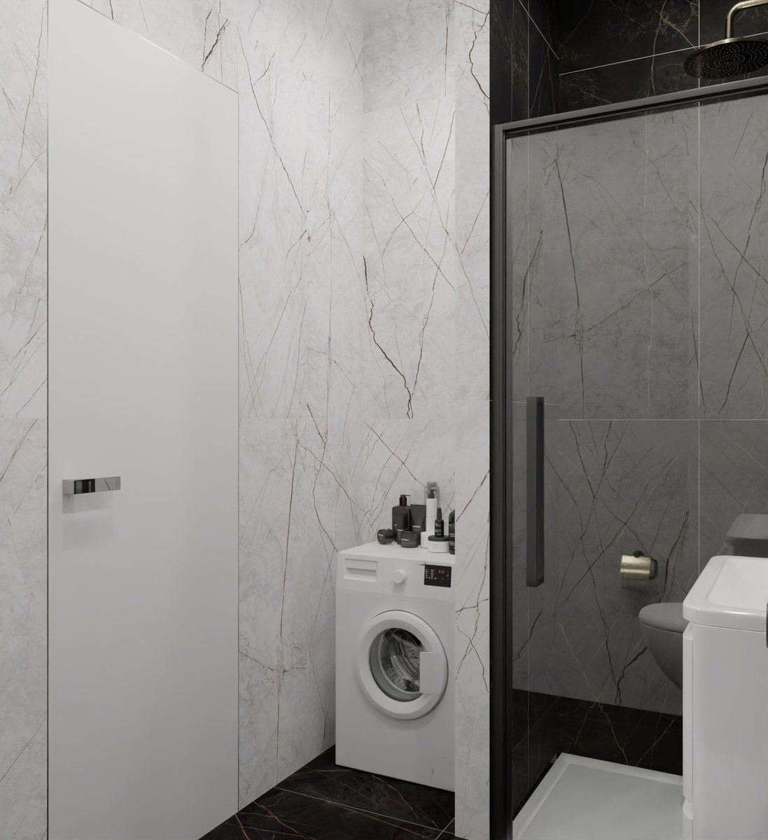 Проект «Дали Керамика»: керамогранит из коллекции «Сандра» от бренда «Идальго», лаппатированная поверхность, чвета «белый» и «черно-оливковый»