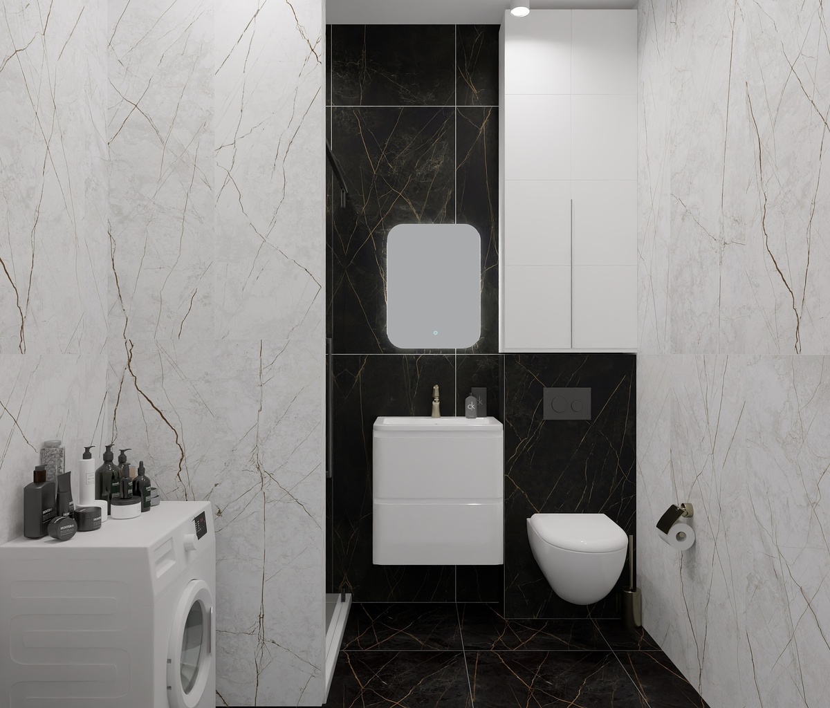 Проект «Дали Керамика»: керамогранит из коллекции «Сандра» от бренда «Идальго», лаппатированная поверхность, чвета «белый» и «черно-оливковый»