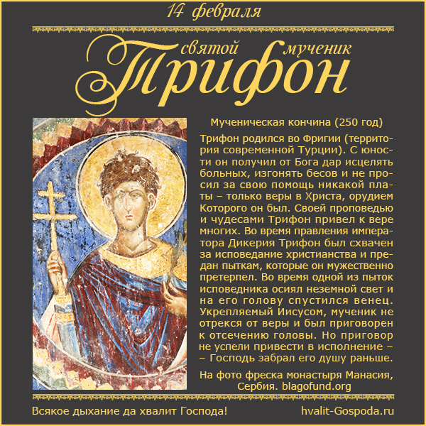 14 февраля – память святого мученика Трифона (250 год).