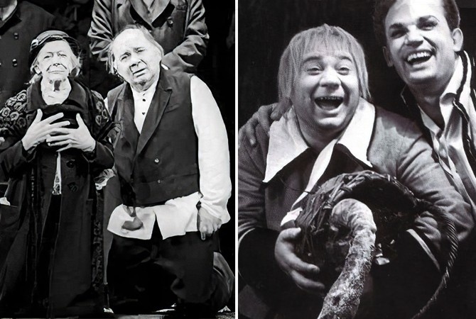 Евгений Леонов на сцене театра. На фото слева с Татьяной Пельтцер, справа — с Евгением Урбанским.