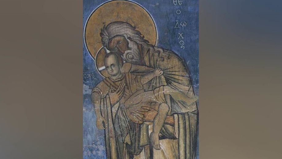 Фото: Св. Симеон Богоприимец с Младенцем Христом. Фреска церкви Панагиа ту Араку в Лагудера (Кипр).Около 1192 года.
