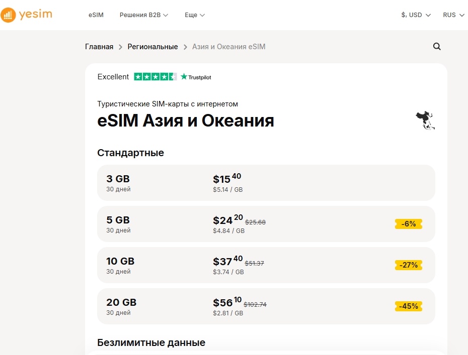 Тарифные планы от сервиса Yesim