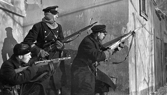 Морские пехотинцы вооруженные: СВТ, снайперской винтовкой Мосина и автоматом ППД