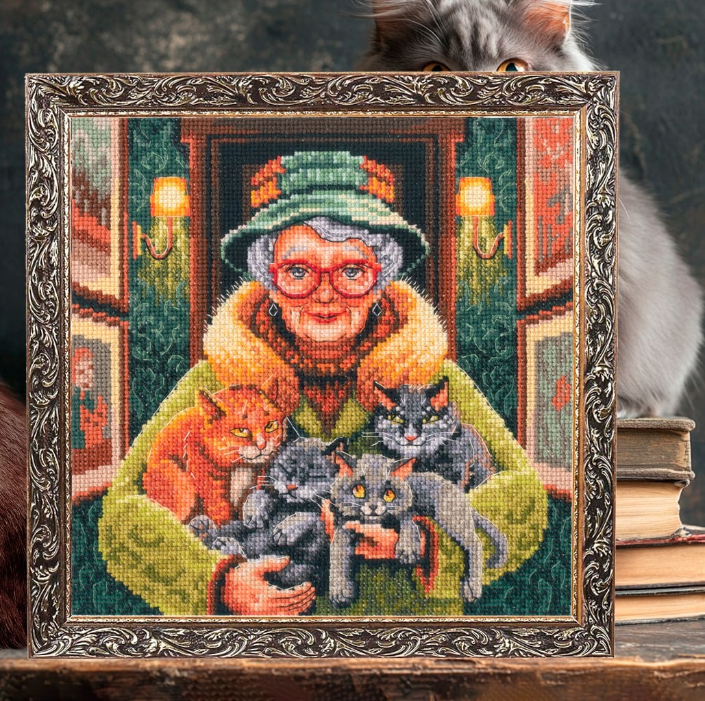 Уютные объятья - вышивка РТО, бабушка из Эрмитажа и её котики